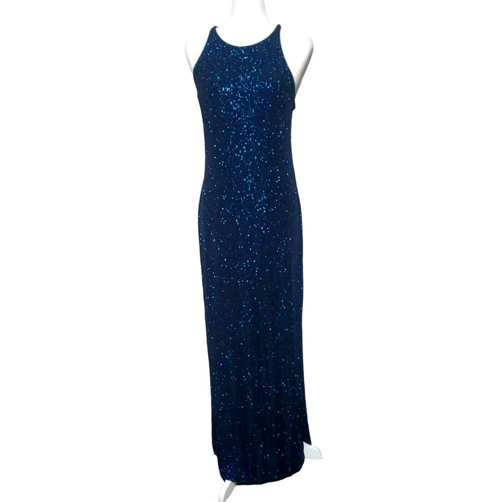 Vintage Glitter Dress Size 9 10 Navy Blue Long Length Open Back Ties High Vents